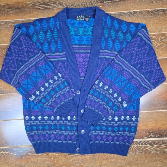 Vintage 90’s Nuovo New Forces Large Knit Sweater Button Blue Geometric Cardigan - Picture 3 of 7